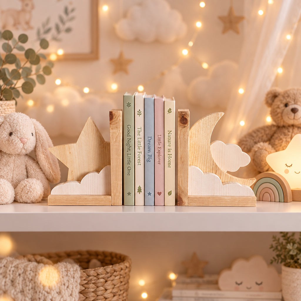 Moon and Star Wood Bookends | Celestial Bookends | Nursery Decor | Kids Room Decor | Wooden Bookends