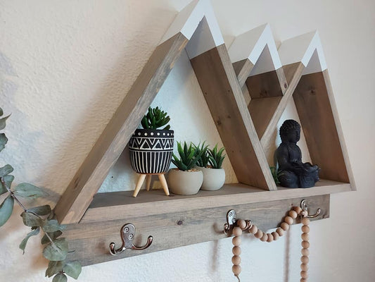 Crown Wood Mountain Shelf with Hooks for Wall Decoration | Rustic Mountain Wall Decor | Wooden Entryway Shelf | Cabin Decor | Nature Inspired Shelf (Copy)