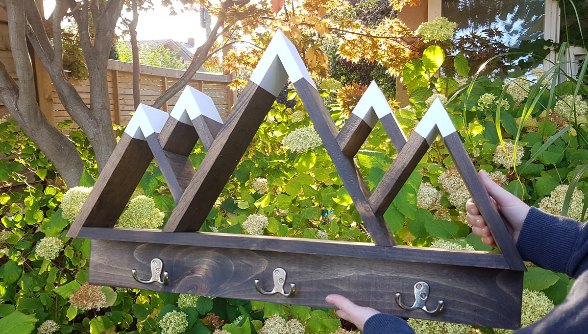 Five Peak Wood Mountain Shelf with Hooks for Wall Decoration | Rustic Mountain Wall Decor | Wooden Entryway Shelf | Cabin Decor | Nature Inspired Shelf