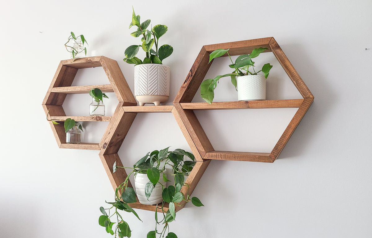 Set of 3 Wood Hexagon Shelves Wall Decoration | Geometric Multi Shelf Decor | Rustic Wood Display Shelves | Modern Boho Wall Decor | Multi Compartment Shelves