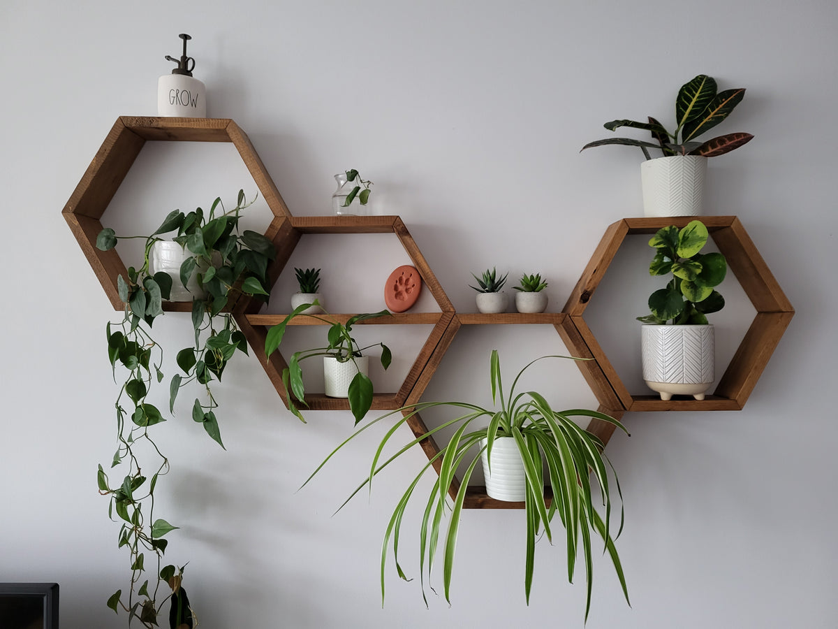 Set of 4 Wood Hexagon Shelves Wall Decoration | Geometric Wall Decor | Hexagon Wall Shelves | Rustic Wood Display Shelves | Plant & Trinket Shelves | Modern Boho Home Decor