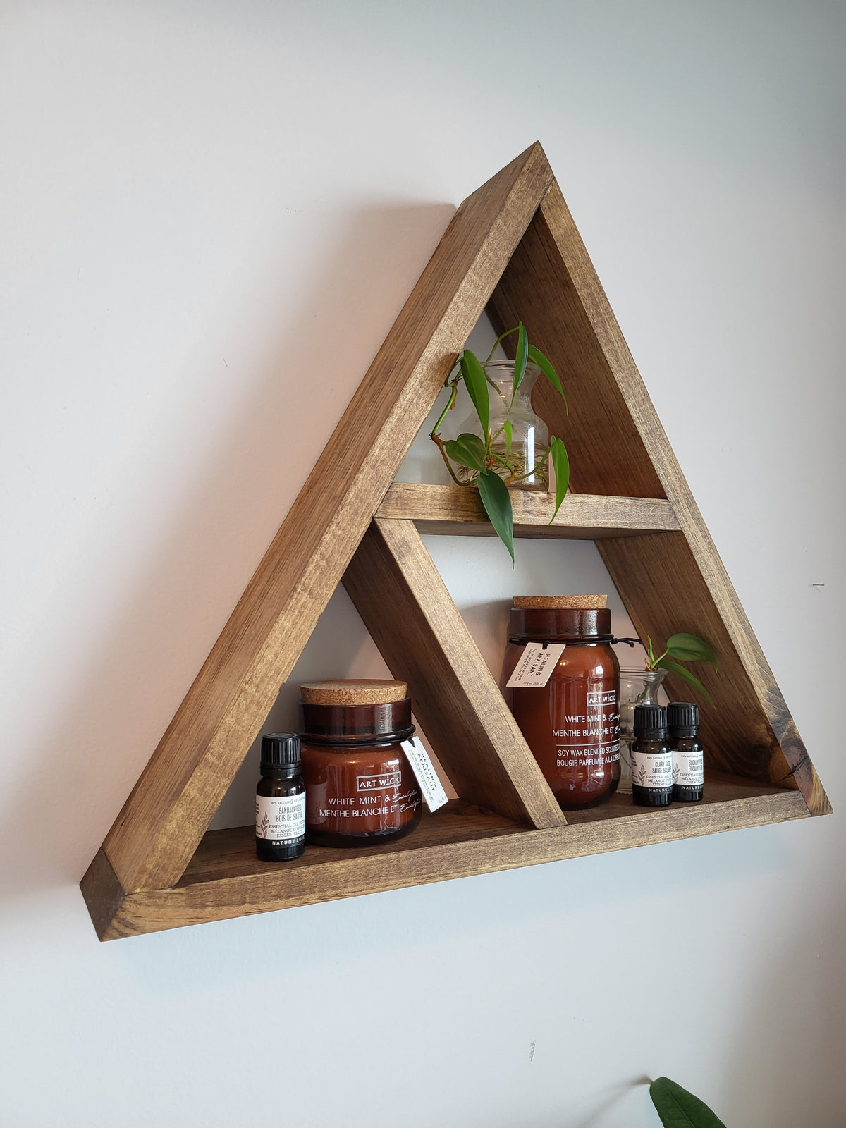Wooden Rustic Triangle Wall Shelf | Geometric Wall Decor | Small Plant Shelf | Essential Oil Display | Geometric Wood Wall Decor | Boho Farmhouse Shelf | Handmade Wood Shelf