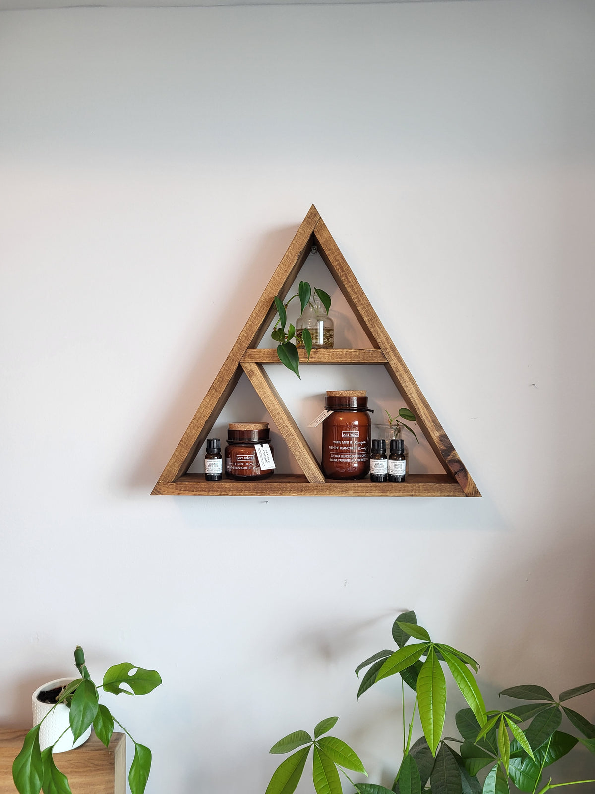 Wooden Rustic Triangle Wall Shelf | Geometric Wall Decor | Small Plant Shelf | Essential Oil Display | Geometric Wood Wall Decor | Boho Farmhouse Shelf | Handmade Wood Shelf