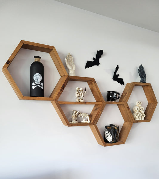 Set of 4 Wood Hexagon Shelves Wall Decoration | Geometric Wall Decor | Hexagon Wall Shelves | Rustic Wood Display Shelves | Plant & Trinket Shelves | Modern Boho Home Decor