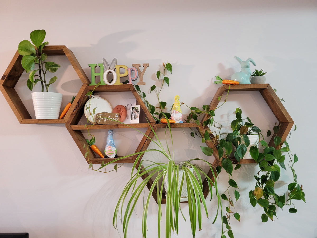 Set of 4 Wood Hexagon Shelves Wall Decoration | Geometric Wall Decor | Hexagon Wall Shelves | Rustic Wood Display Shelves | Plant & Trinket Shelves | Modern Boho Home Decor