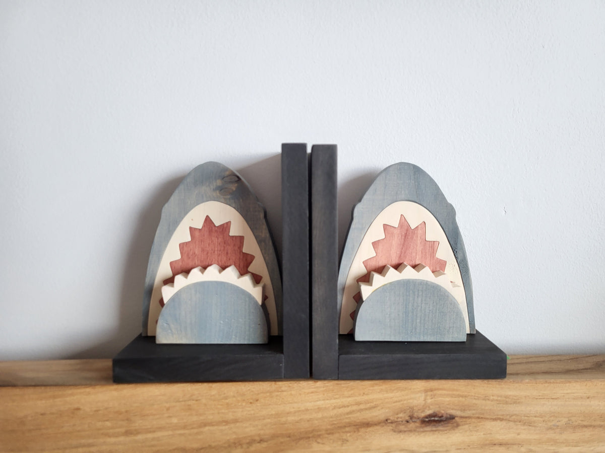 Wooden Shark Head Bookends | Wooden Shark Decor | Shark Lover Gift | Kids Bookshelf | Ocean Themed Room Decor