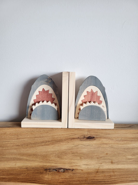 Wooden Shark Head Bookends | Wooden Shark Decor | Shark Lover Gift | Kids Bookshelf | Ocean Themed Room Decor