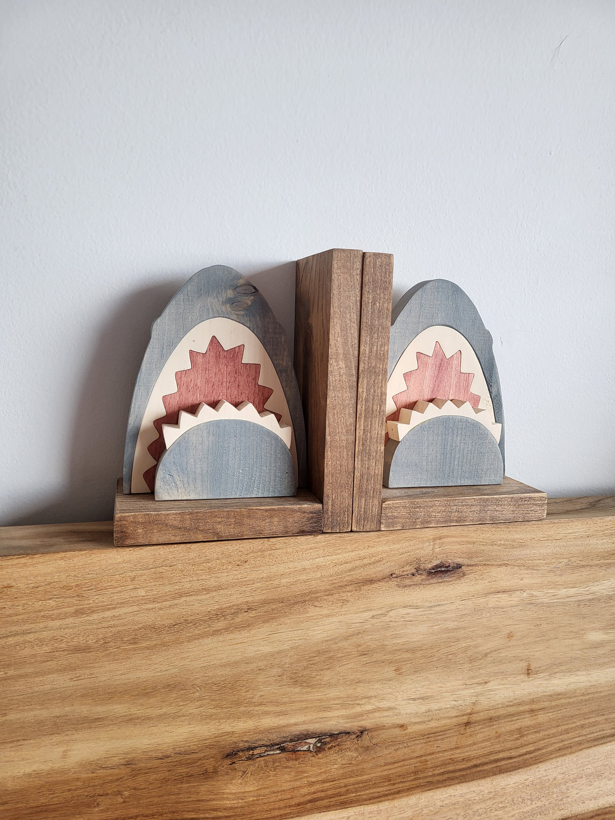 Wooden Shark Head Bookends | Wooden Shark Decor | Shark Lover Gift | Kids Bookshelf | Ocean Themed Room Decor