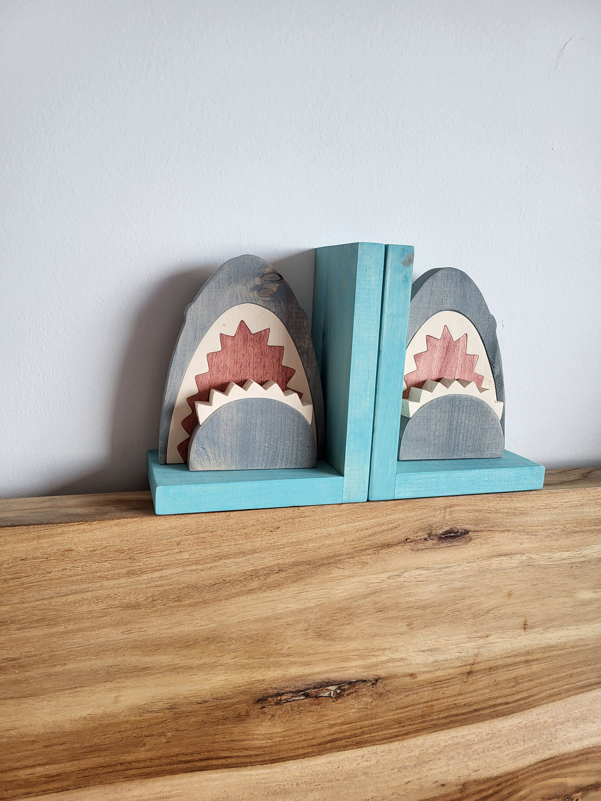 Wooden Shark Head Bookends | Wooden Shark Decor | Shark Lover Gift | Kids Bookshelf | Ocean Themed Room Decor
