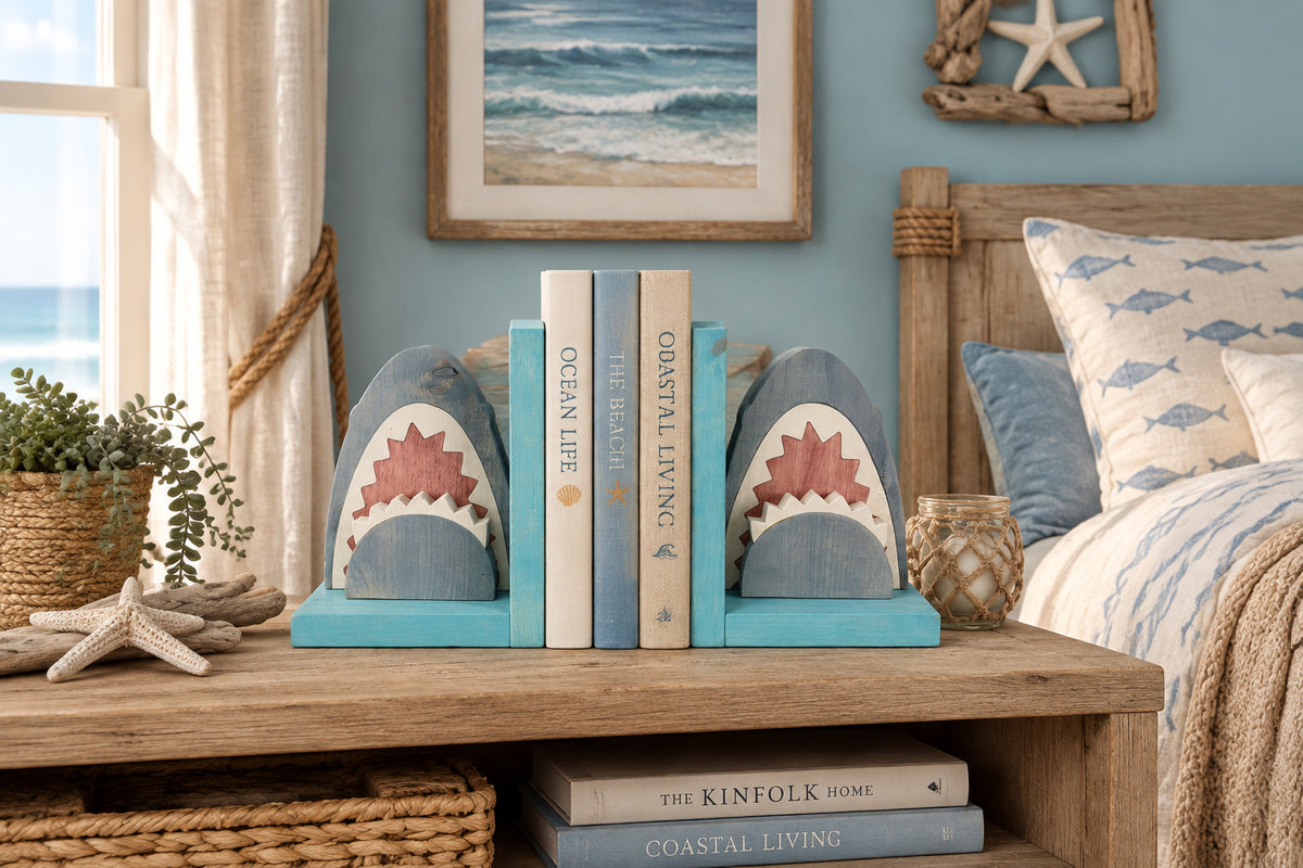 Wooden Shark Head Bookends | Wooden Shark Decor | Shark Lover Gift | Kids Bookshelf | Ocean Themed Room Decor