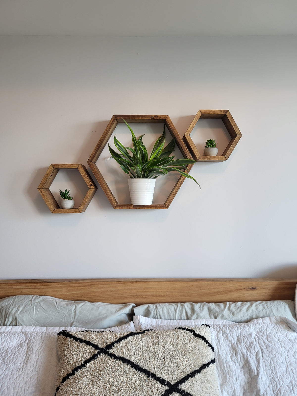Set of 3 Wooden Hexagon Wall Shelves | Rustic Geometric Honeycomb Floating Shelves | Modern Farmhouse Wall Décor