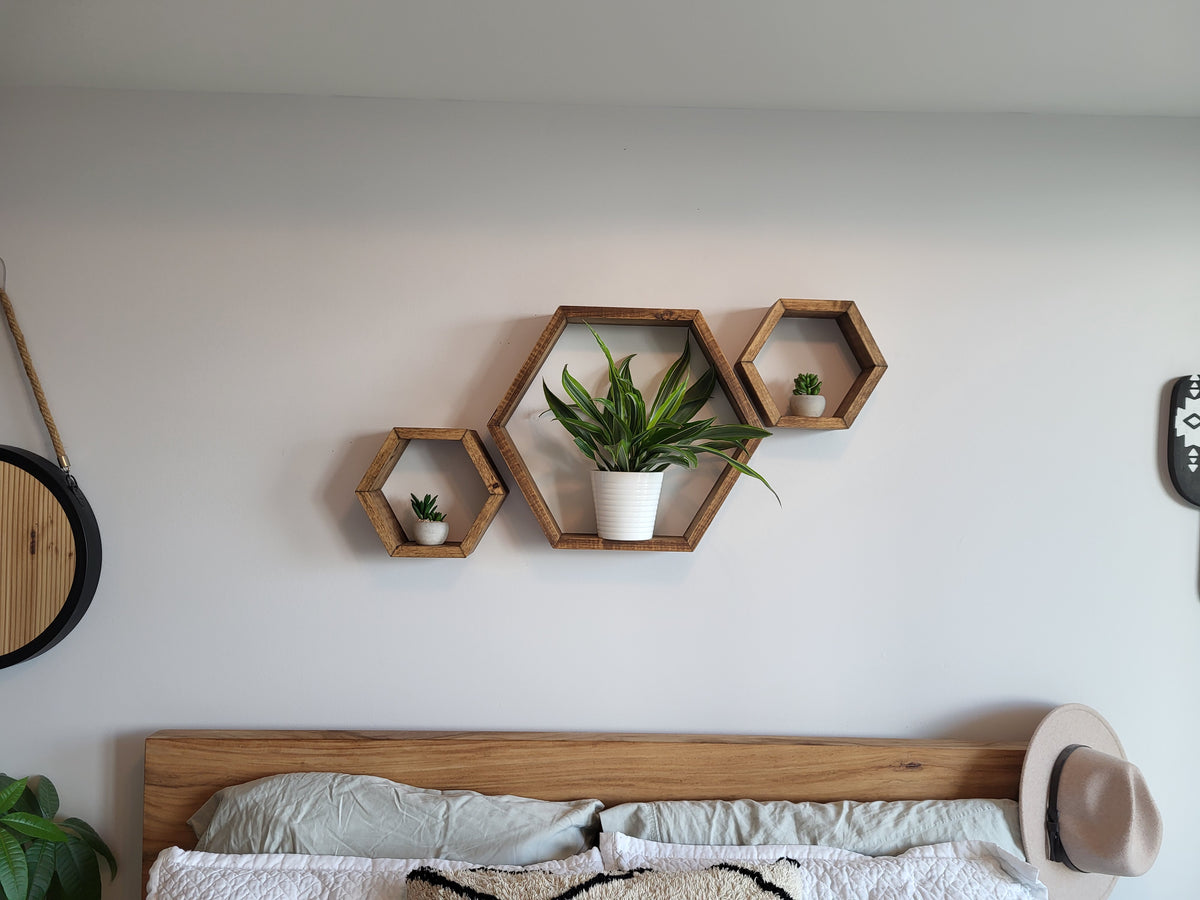 Set of 3 Wooden Hexagon Wall Shelves | Rustic Geometric Honeycomb Floating Shelves | Modern Farmhouse Wall Décor