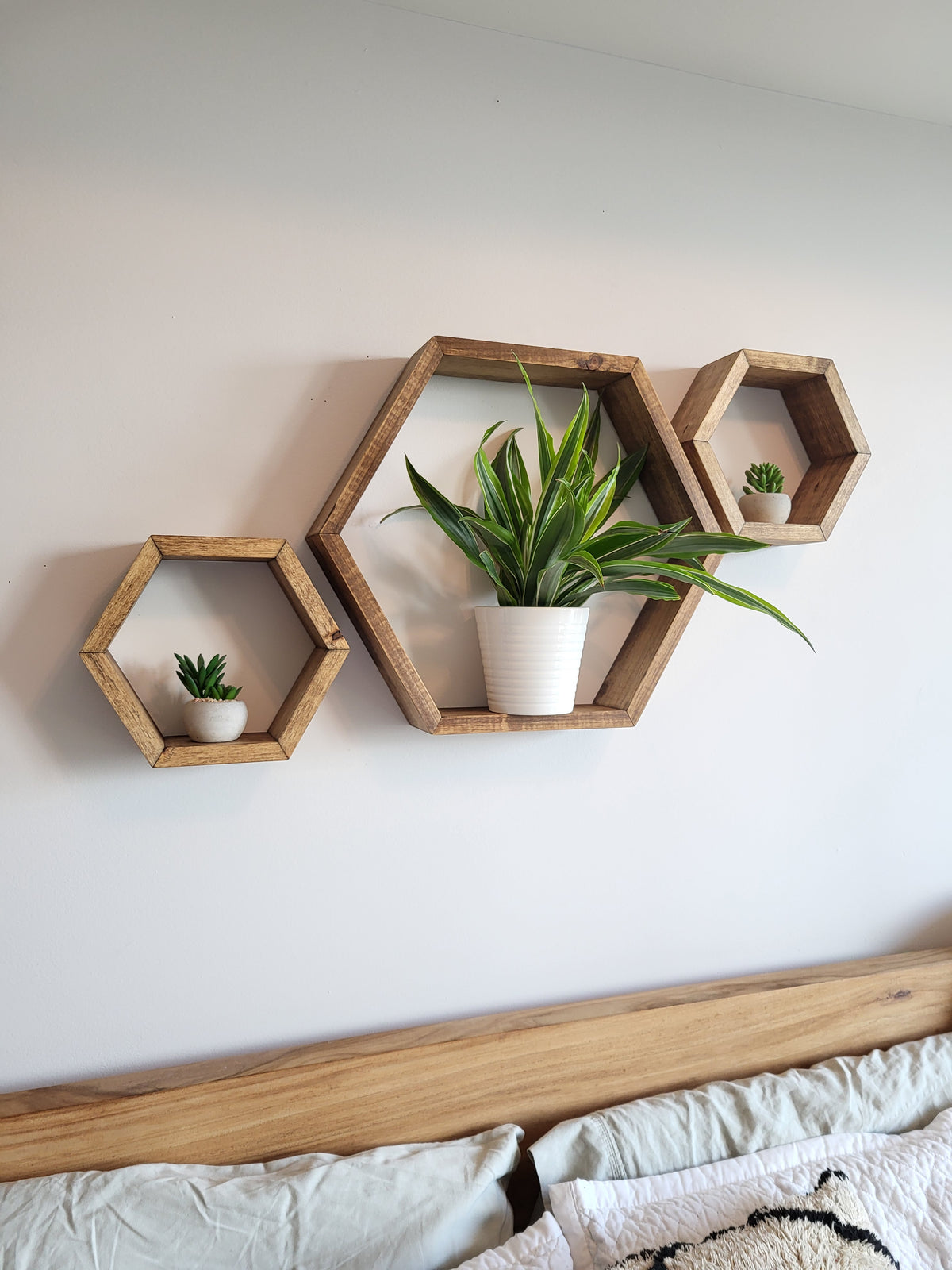 Set of 3 Wooden Hexagon Wall Shelves | Rustic Geometric Honeycomb Floating Shelves | Modern Farmhouse Wall Décor