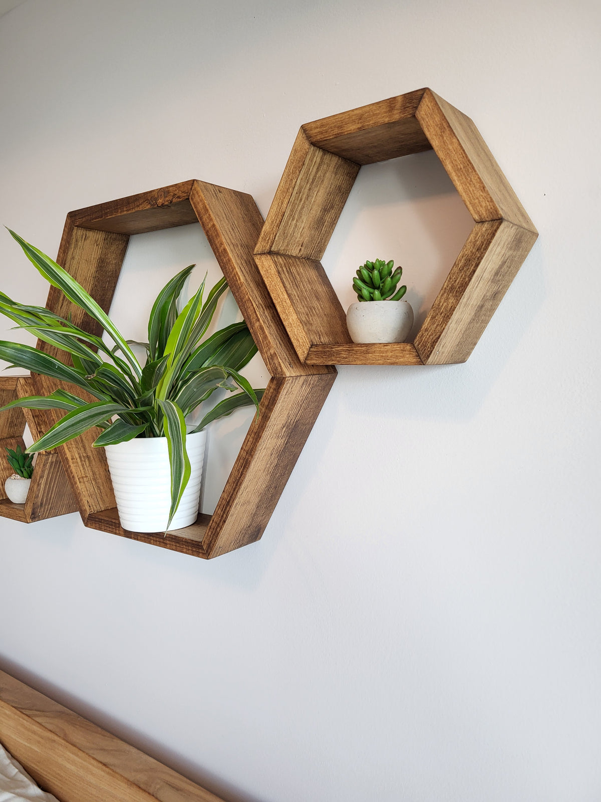 Set of 3 Wooden Hexagon Wall Shelves | Rustic Geometric Honeycomb Floating Shelves | Modern Farmhouse Wall Décor