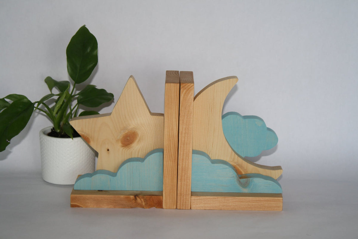 Moon and Star Wood Bookends | Celestial Bookends | Nursery Decor | Kids Room Decor | Wooden Bookends