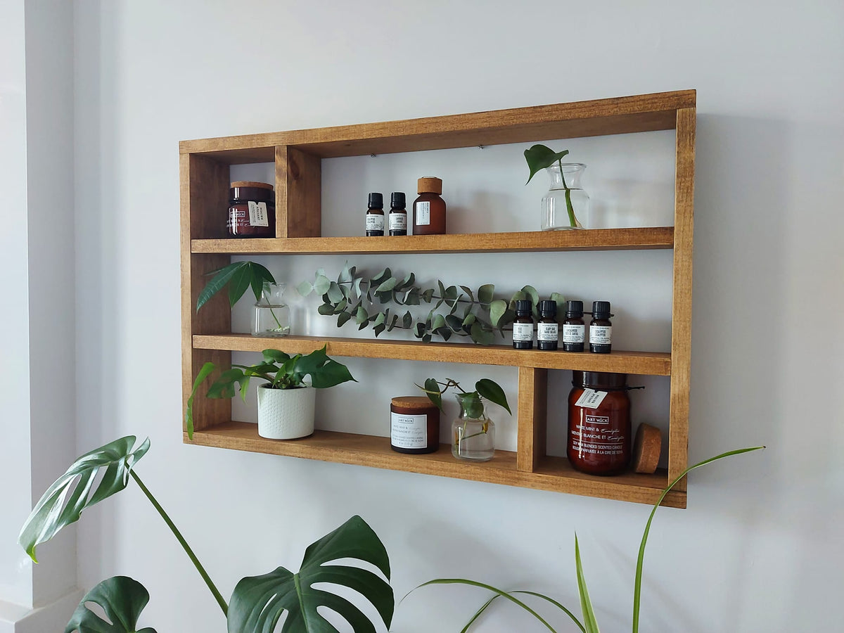 Essential Oils Wall Shelf | Wooden Essential Oil Organizer | Rustic Mug Storage | Handmade Wood Shelf
