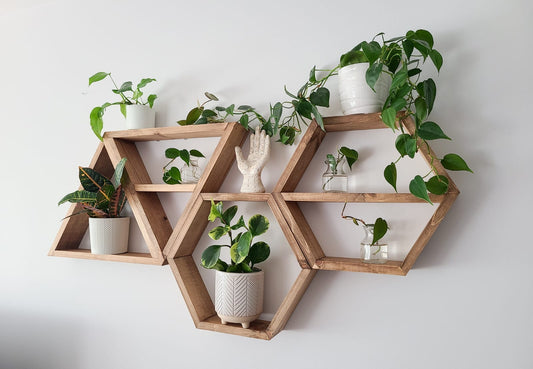 Set of 4 Wood Hexagon and Triangle Shelves | Geometric Wall Decor | Rustic Wood Display Shelves | Modern Boho Wall Art | Plant & Trinket Shelves