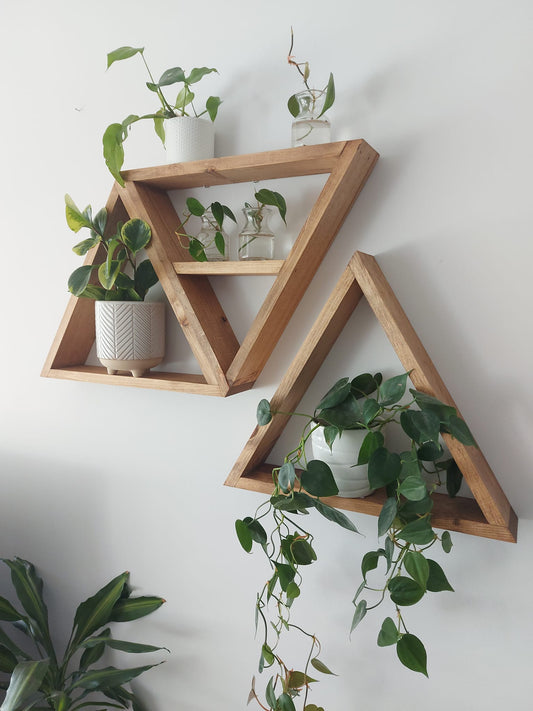 Set of 3 Wooden Triangle Shelves Wall Decoration | Geometric Wall Decor | Floating Display Shelves | Plant Shelves
