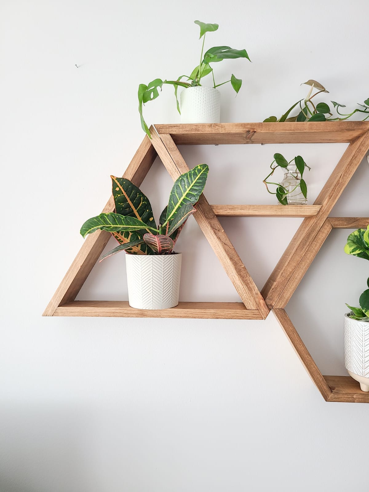 Set of 4 Wood Hexagon and Triangle Shelves | Geometric Wall Decor | Rustic Wood Display Shelves | Modern Boho Wall Art | Plant & Trinket Shelves