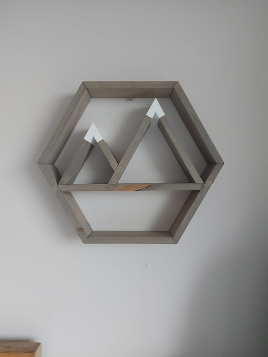 Wooden Hexagon Mountain Wall Shelf | Rustic Mountain Decor | Hexagon Wall Shelf | Woodland Home Decor | Cabin Wall Decor | Mountain Nursery Shelf