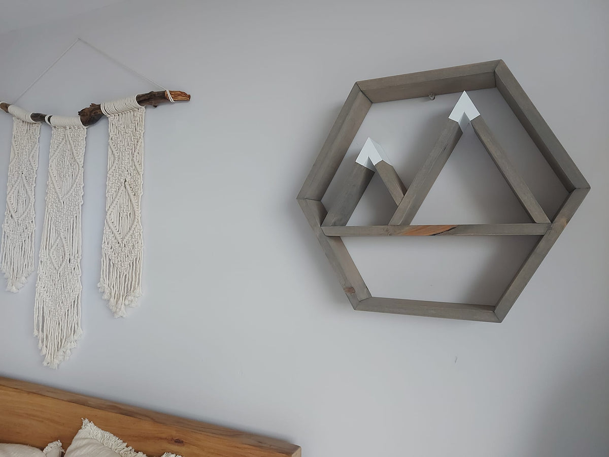 Wooden Hexagon Mountain Wall Shelf | Rustic Mountain Decor | Hexagon Wall Shelf | Woodland Home Decor | Cabin Wall Decor | Mountain Nursery Shelf