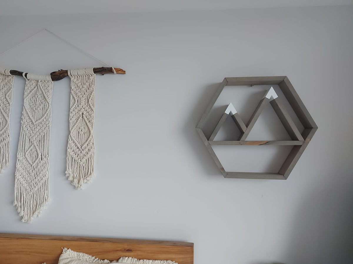 Wooden Hexagon Mountain Wall Shelf | Rustic Mountain Decor | Hexagon Wall Shelf | Woodland Home Decor | Cabin Wall Decor | Mountain Nursery Shelf