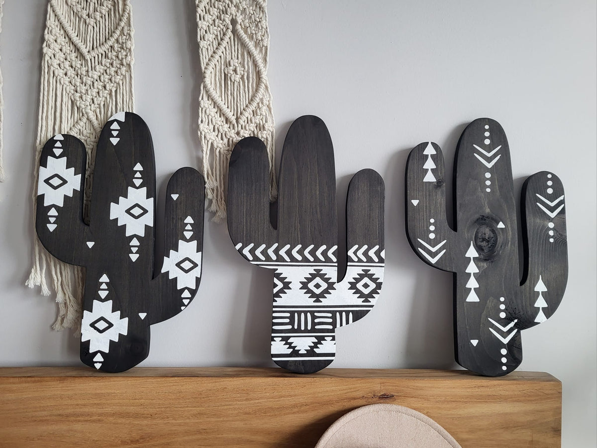 Wood Cactus Cutout with Aztec Design | Aztec Wood Cactus Cutout | Southwestern Boho Wall Art | Rustic Desert Home Décor