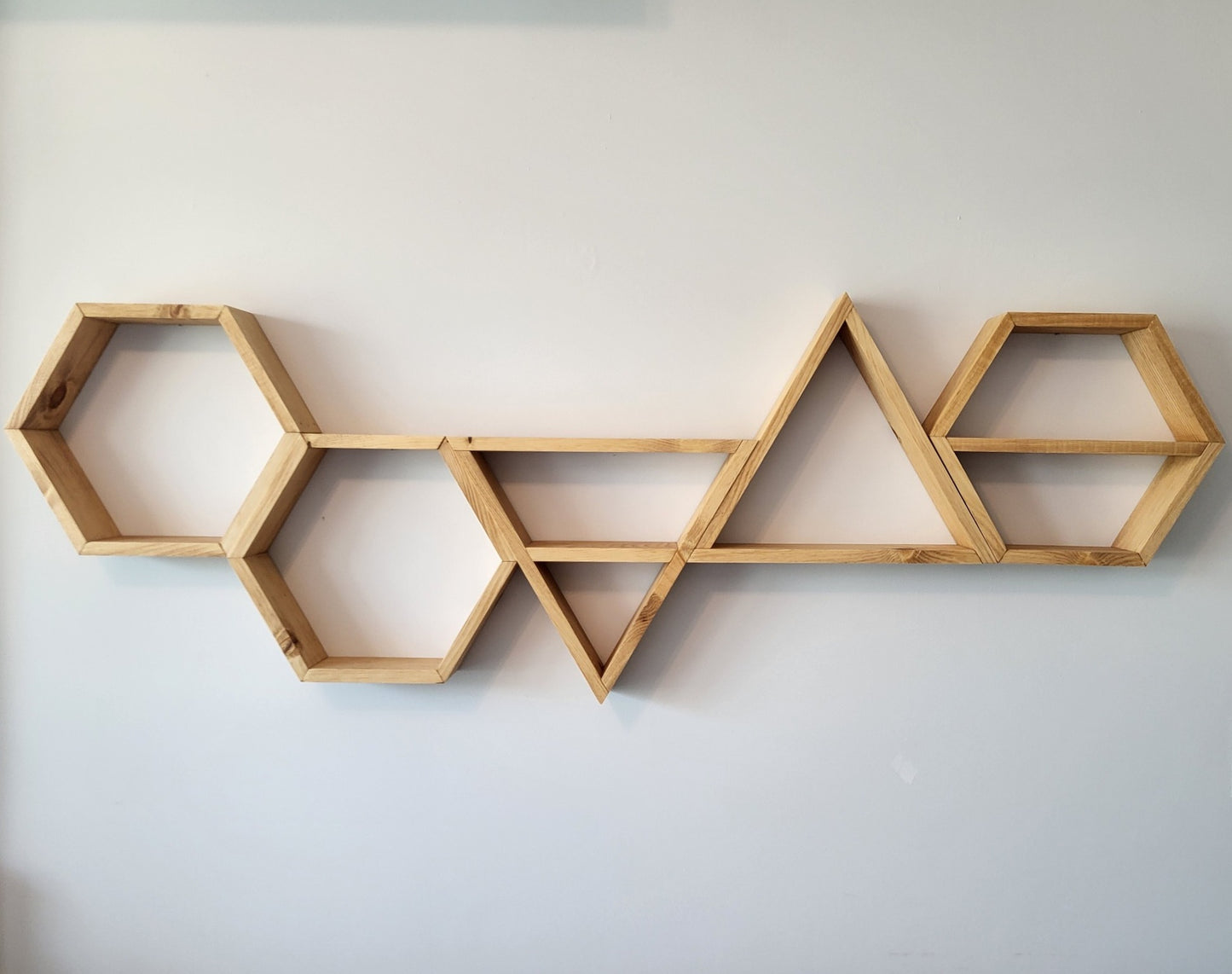 Set of 5 Wood Hexagons and Triangles Wall Decoration | Geometric Floating Shelves | Modern Boho Wall Decor | Plant Display Shelves | Handmade in Canada