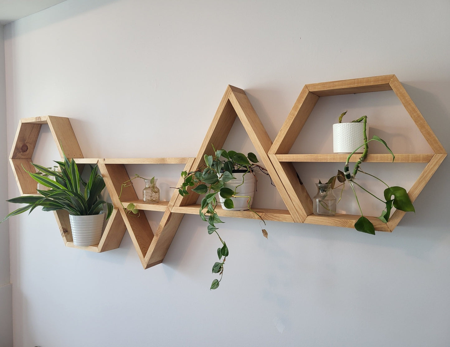 Set of 5 Wood Hexagons and Triangles Wall Decoration | Geometric Floating Shelves | Modern Boho Wall Decor | Plant Display Shelves | Handmade in Canada