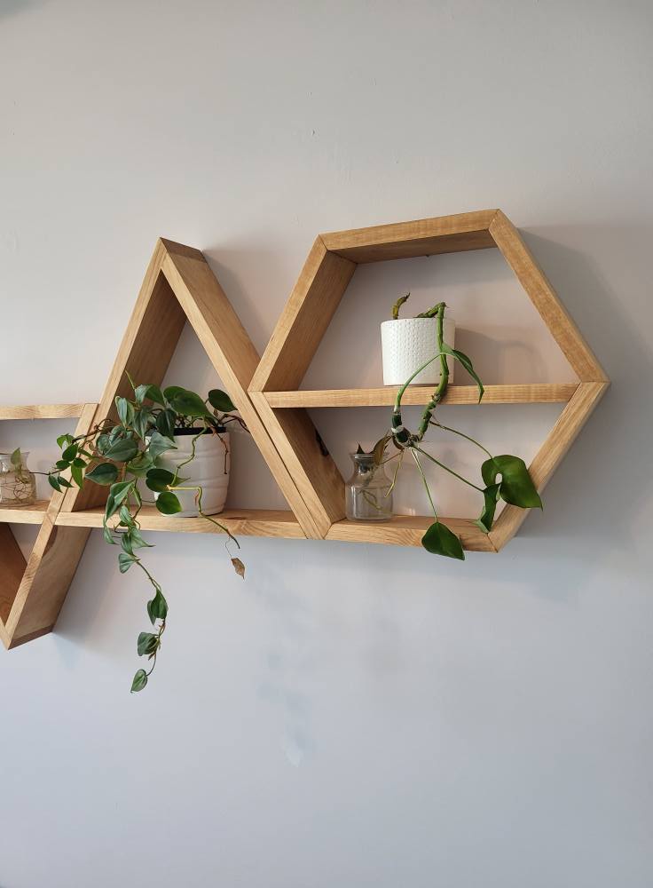 Set of 5 Wood Hexagons and Triangles Wall Decoration | Geometric Floating Shelves | Modern Boho Wall Decor | Plant Display Shelves | Handmade in Canada