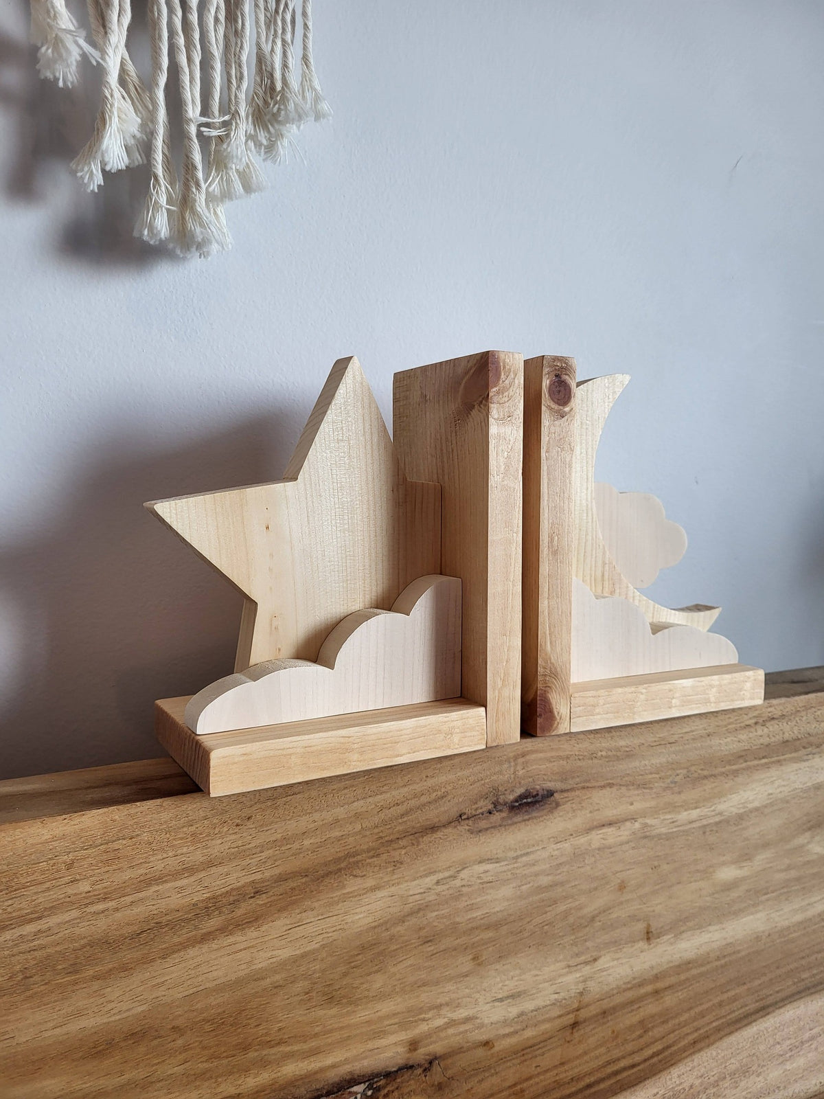 Moon and Star Wood Bookends | Celestial Bookends | Nursery Decor | Kids Room Decor | Wooden Bookends