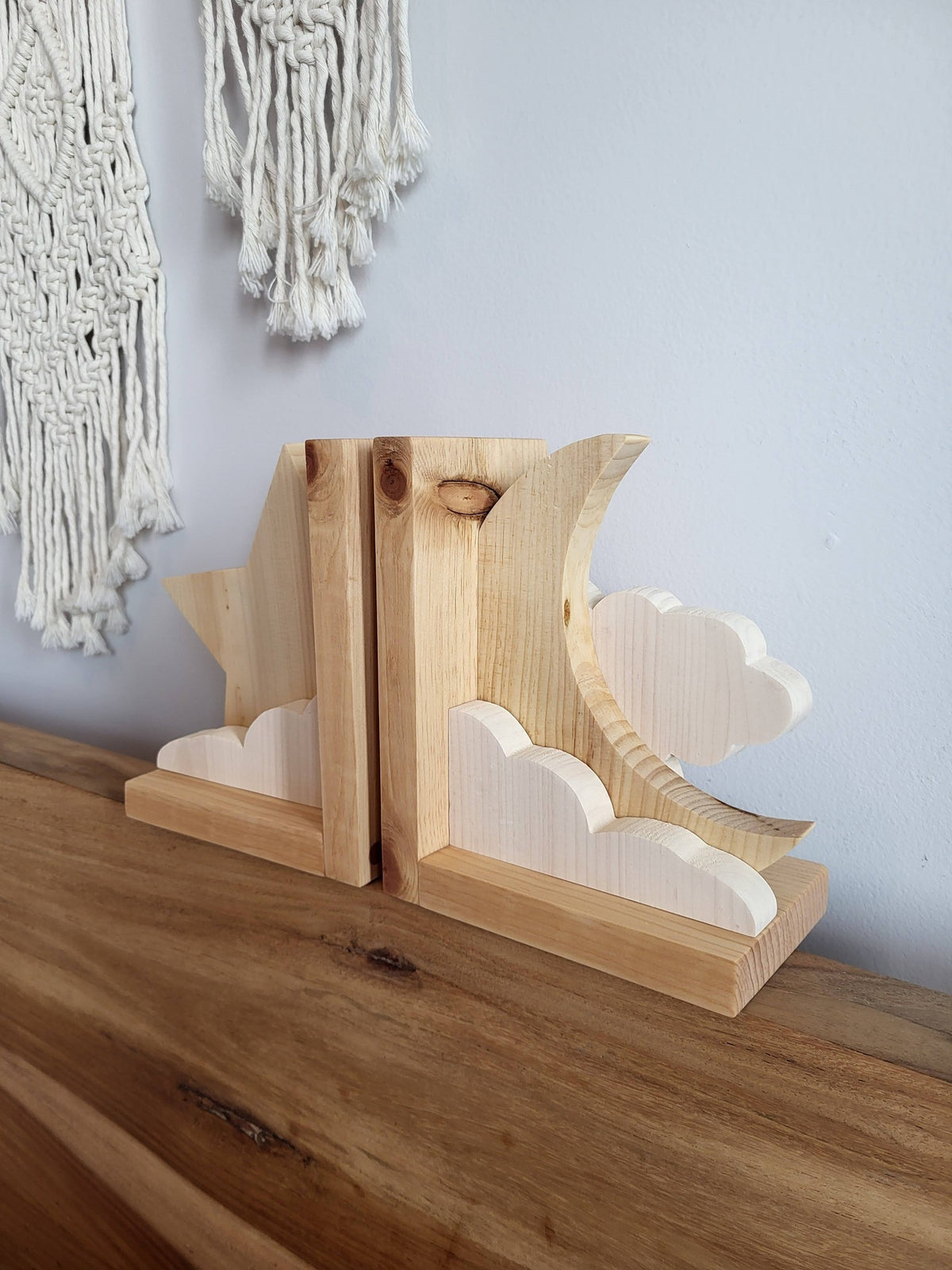 Moon and Star Wood Bookends | Celestial Bookends | Nursery Decor | Kids Room Decor | Wooden Bookends
