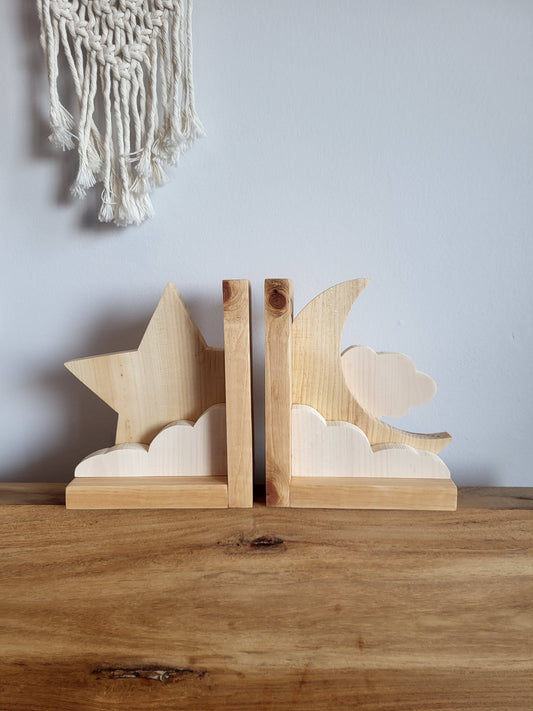 Moon and Star Wood Bookends | Celestial Bookends | Nursery Decor | Kids Room Decor | Wooden Bookends