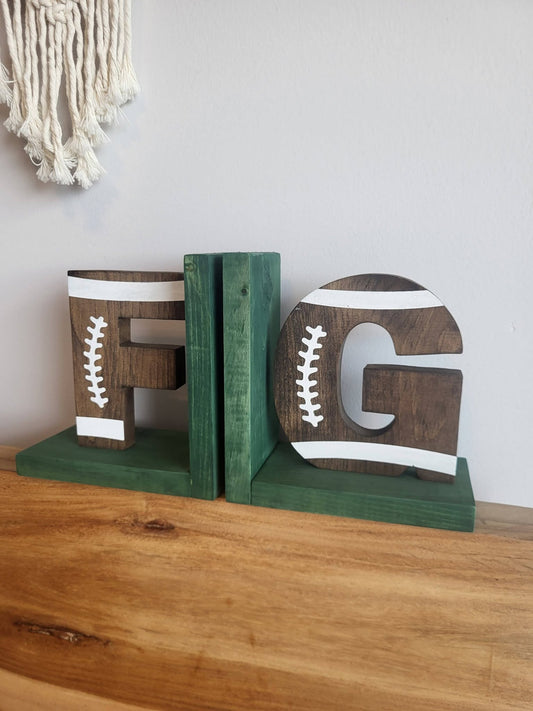 Personalized Football Wood Bookends | Custom Name Wooden Bookends | Football Room Decor