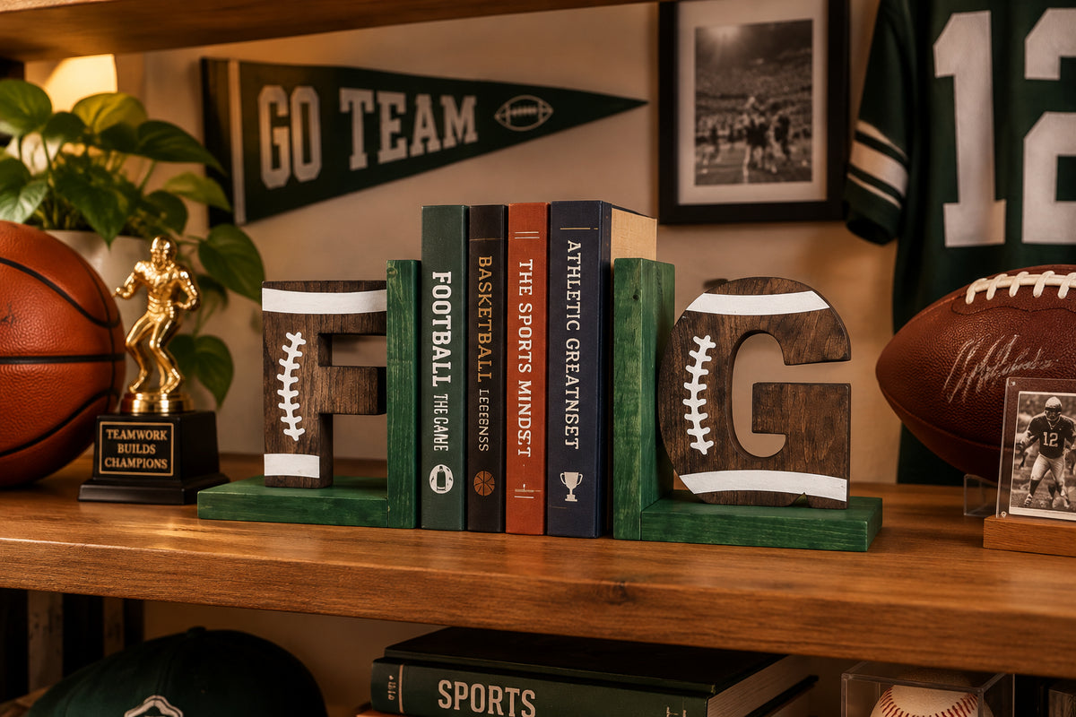 Personalized Football Wood Bookends | Custom Name Wooden Bookends | Football Room Decor