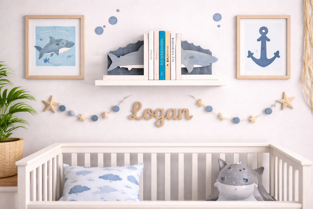 Wooden Shark Bookends | Ocean Nursery Decor | Coastal Kids Room | Shark Lover Gift | Nautical Bookshelf Decor