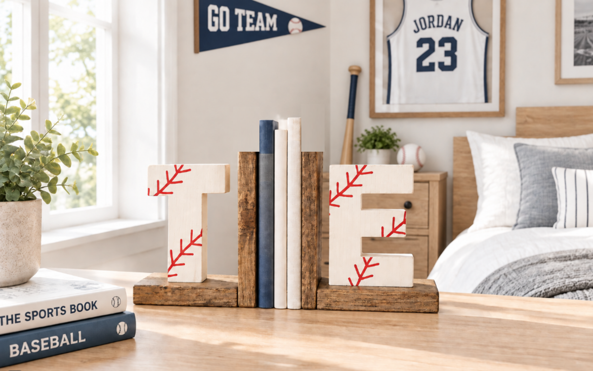 Personalized Baseball Wood Bookends | Custom Sports Bookends | Baseball Room Decor | Baseball Gift | Sports Decor