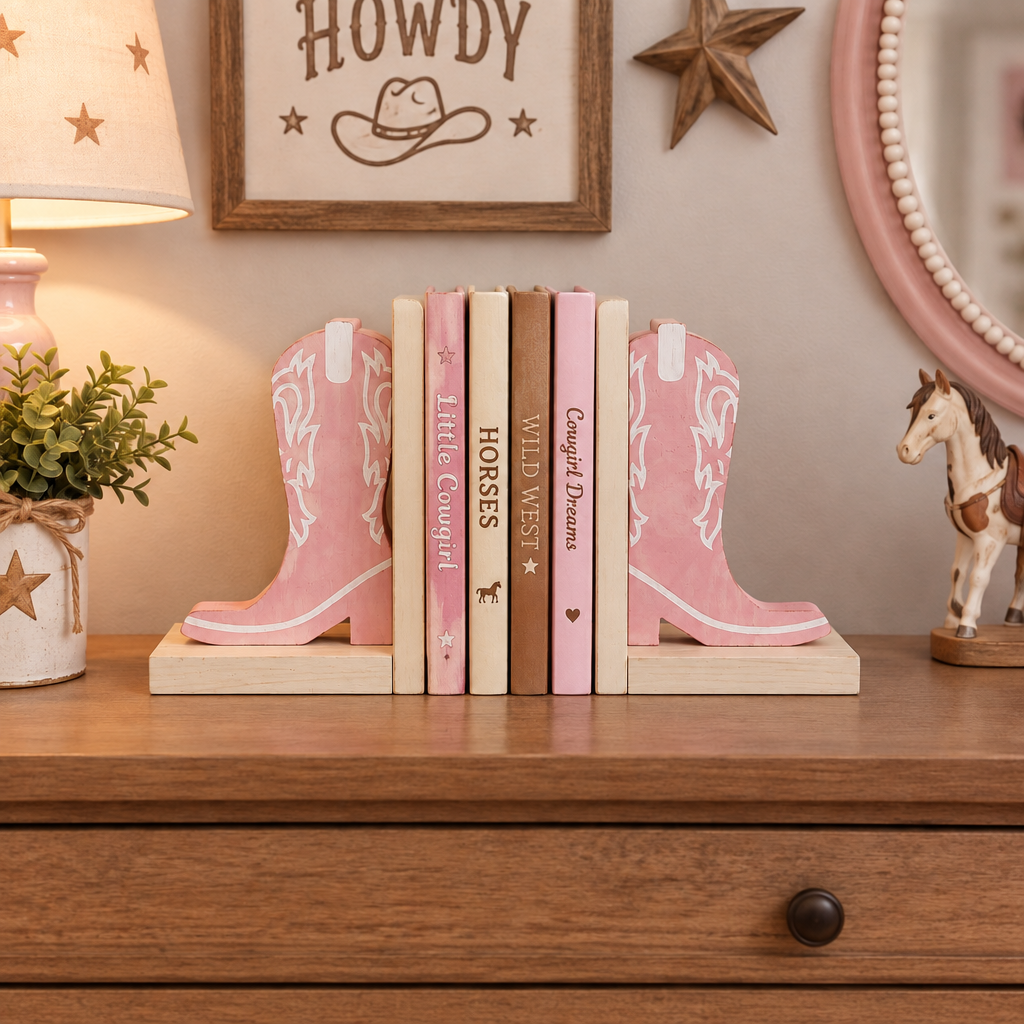 Wooden Cowgirl Boot Bookends | Western Book Decor | Rustic Cowboy Shelf Decor | Cowgirl Bedroom Decor | Country Home Decor