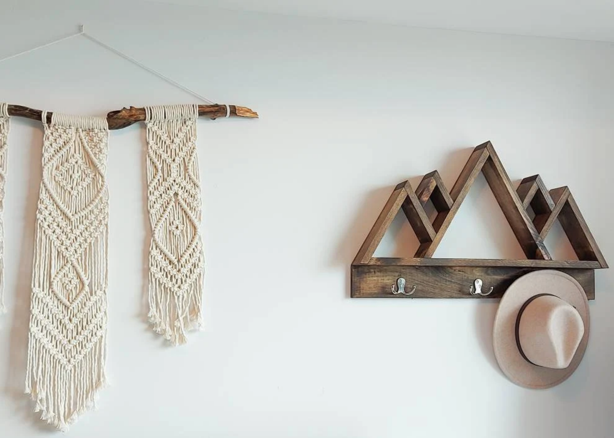 Five Peak Wood Mountain Shelf with Hooks for Wall Decoration | Rustic Mountain Wall Decor | Wooden Entryway Shelf | Cabin Decor | Nature Inspired Shelf