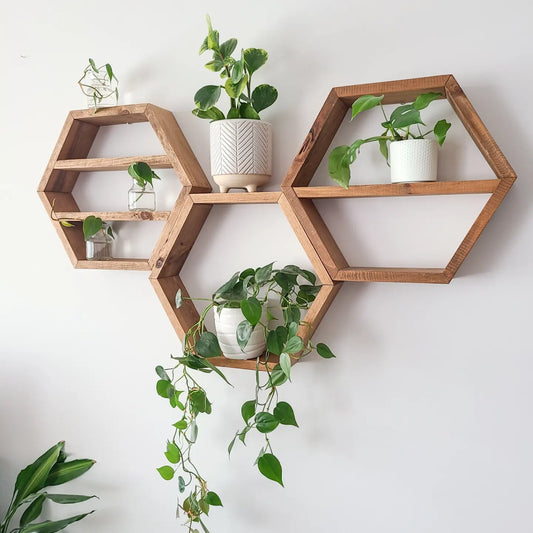 Set of 3 Wood Hexagon Shelves Wall Decoration | Geometric Multi Shelf Decor | Rustic Wood Display Shelves | Modern Boho Wall Decor | Multi Compartment Shelves