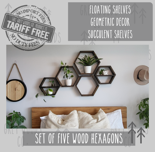 Set of 5 Multi Size Wood Hexagons for Wall Decor