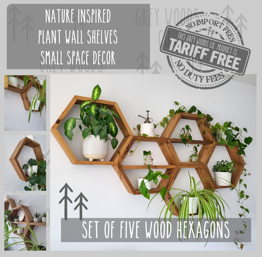 Set of 5 Wood Hexagon Wall Shelves | Honeycomb Floating Shelves | Handmade Geometric Wall Decor | Plant Shelves | Boho Farmhouse Home Décor