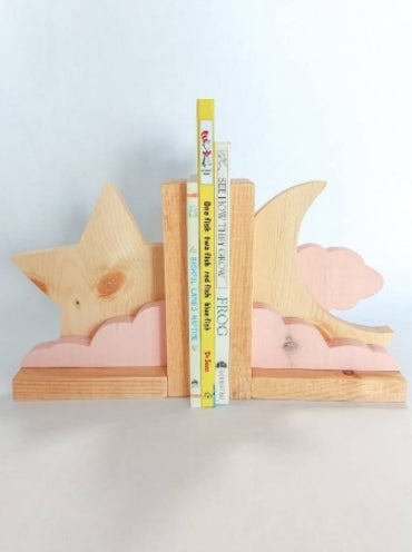 Moon and Star Wood Bookends | Celestial Bookends | Nursery Decor | Kids Room Decor | Wooden Bookends